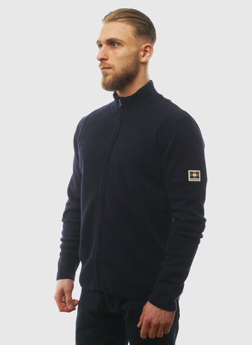 Lambswool Full Zip Patch Knit - Navy