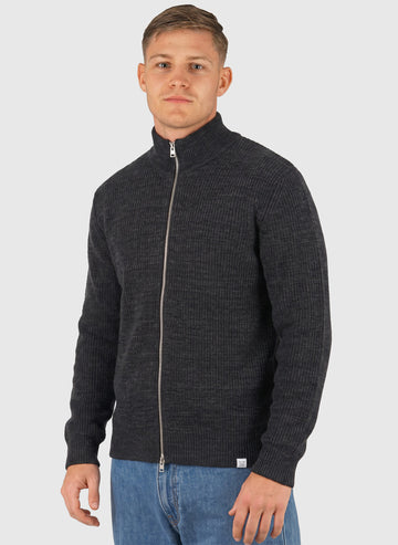 Hagen Wool Rib Full Zip Jacket - Dark Grey Melange