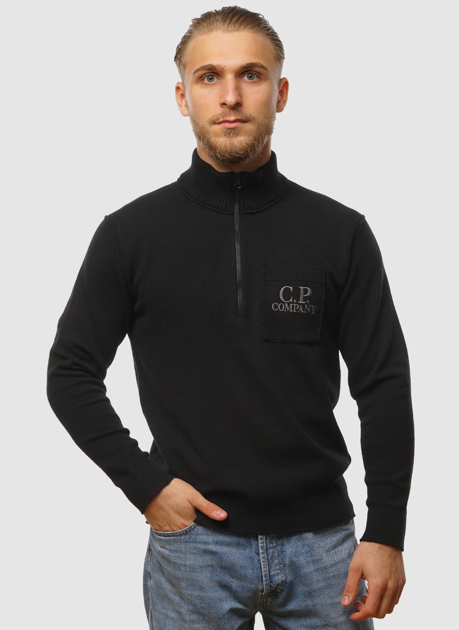 Soft Cotton Stretch Pocket Half-Zip - Black