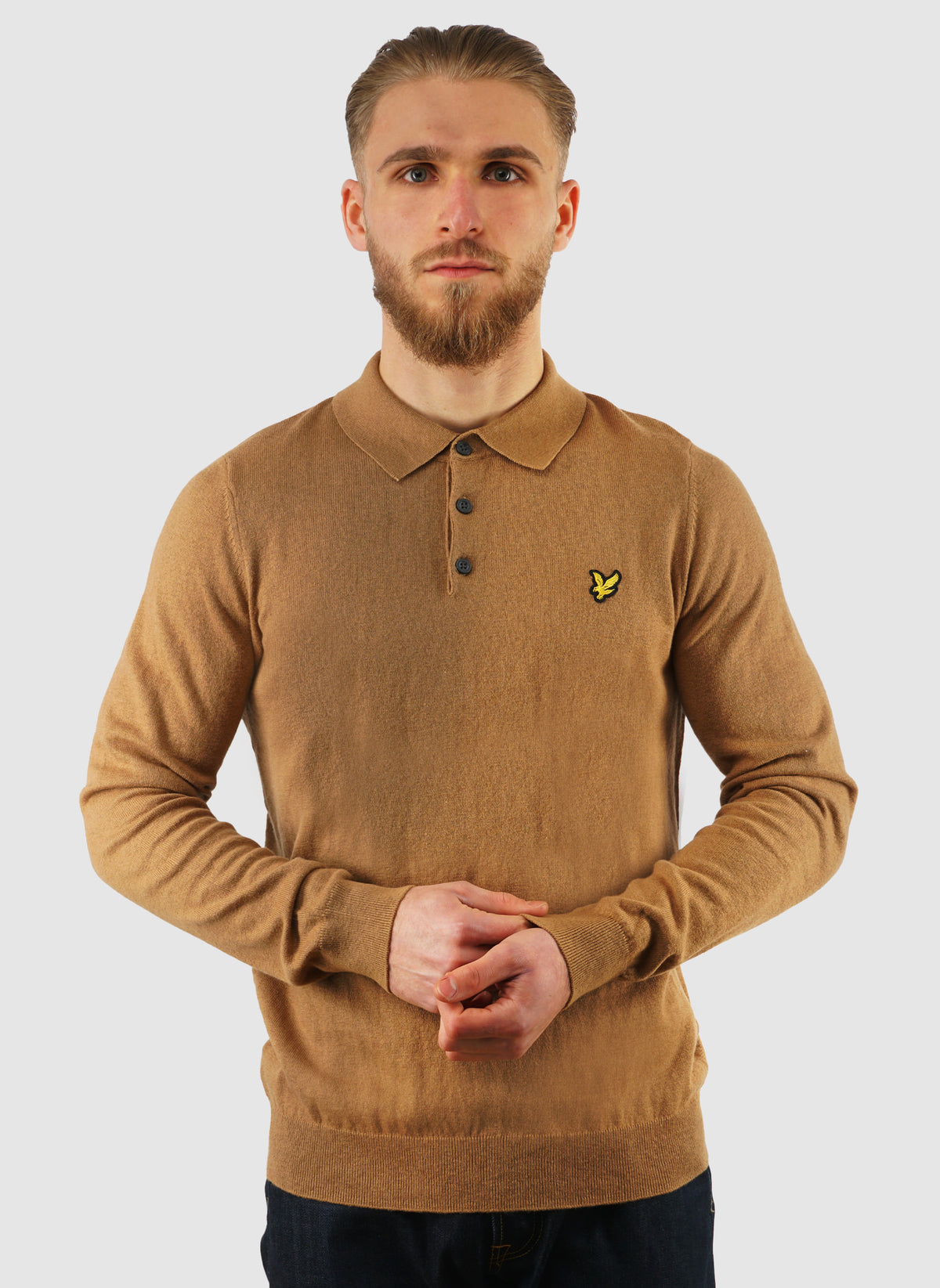 Cotton Merino Long Sleeve Knitted Polo - Tigers Eye