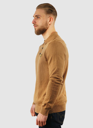 Cotton Merino Long Sleeve Knitted Polo - Tigers Eye
