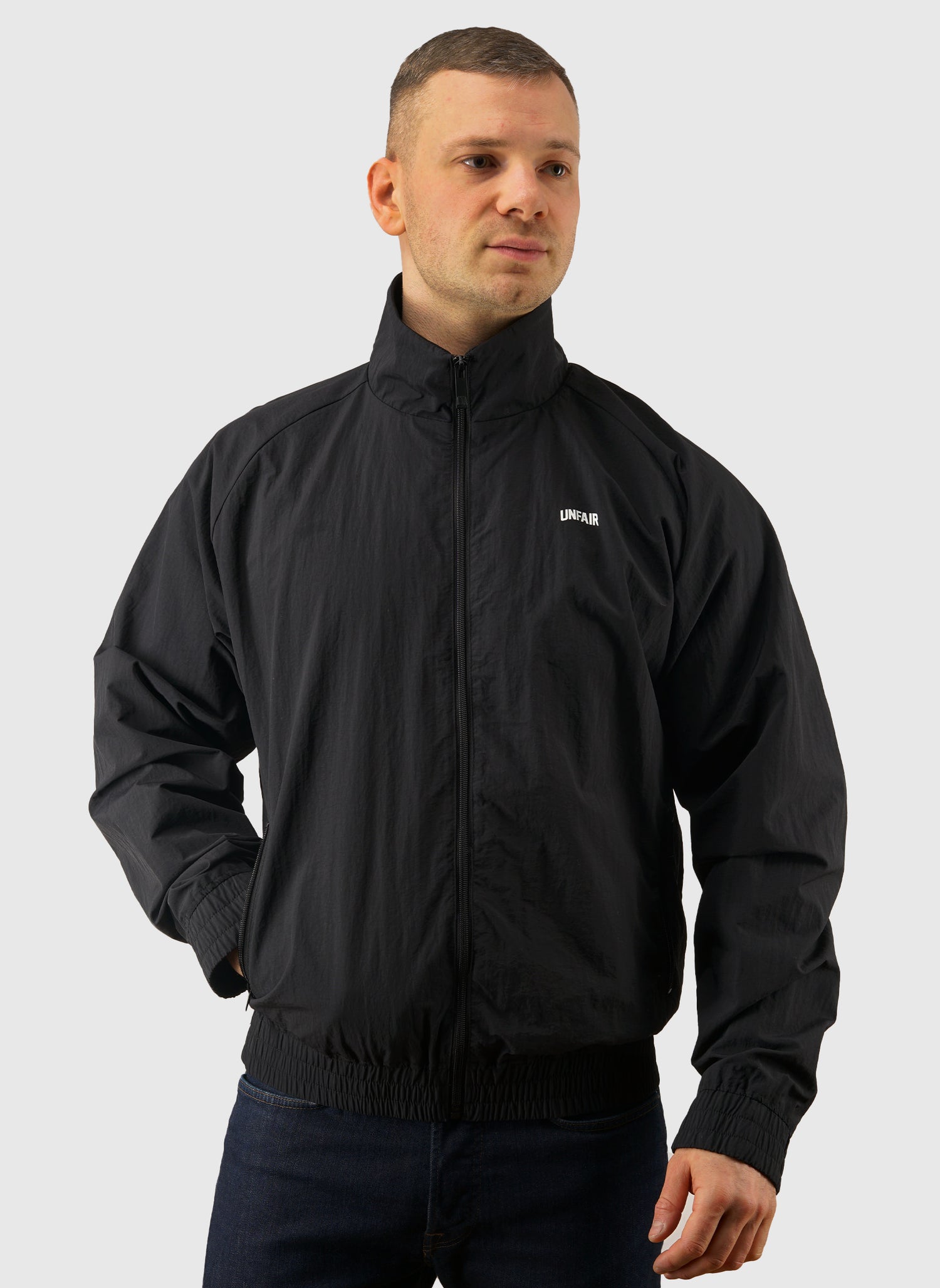 Curved Crushed Nylon Tracktop - Black