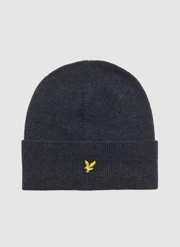 Lambswool Blend Ribbed Beanie - Dark Navy Marl