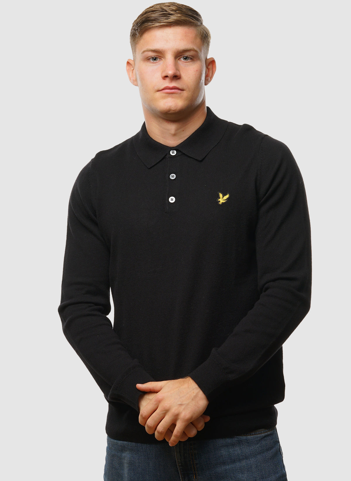 Cotton Merino Long Sleeve Knitted Polo - Jet Black