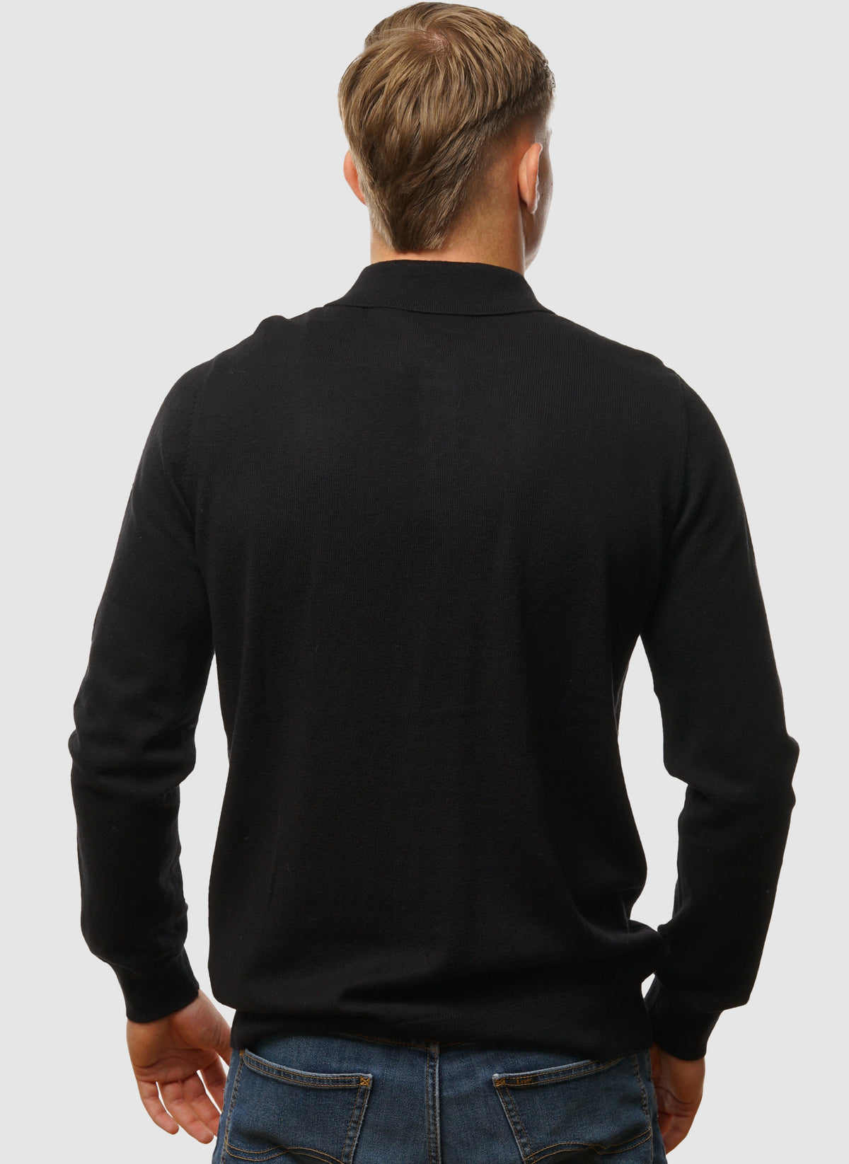 Cotton Merino Long Sleeve Knitted Polo - Jet Black