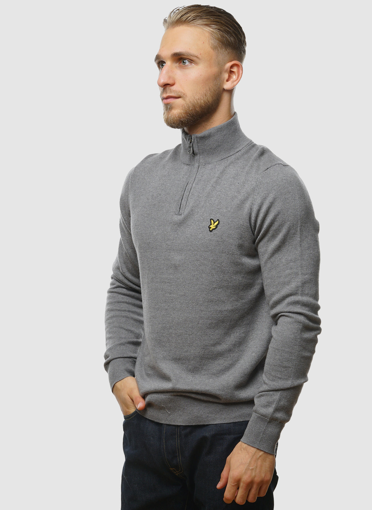 1/4 Zip Cotton Merino Jumper  - Mid Grey Marl