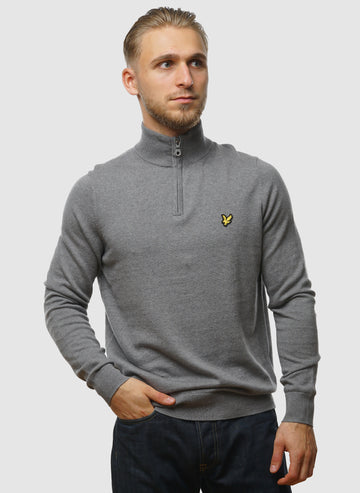 1/4 Zip Cotton Merino Jumper  - Mid Grey Marl