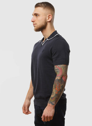Tipped Knitted Open Collar Polo - Dark Navy