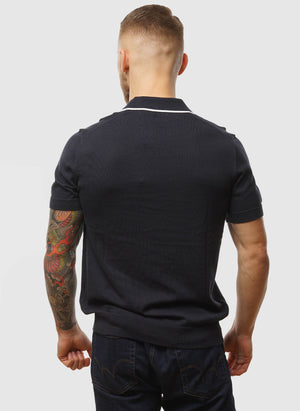 Tipped Knitted Open Collar Polo - Dark Navy
